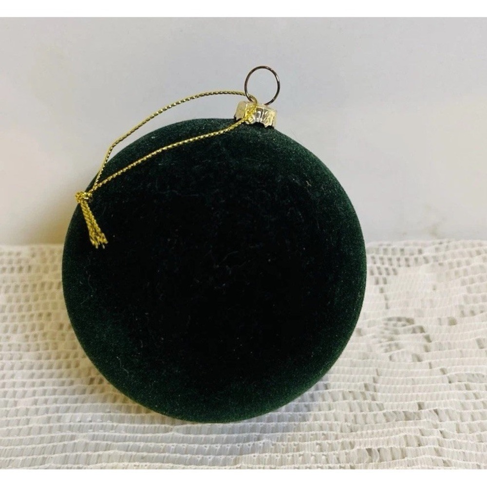 Dark Green Velvet Flocked Christmas Ball Ornament Gold String